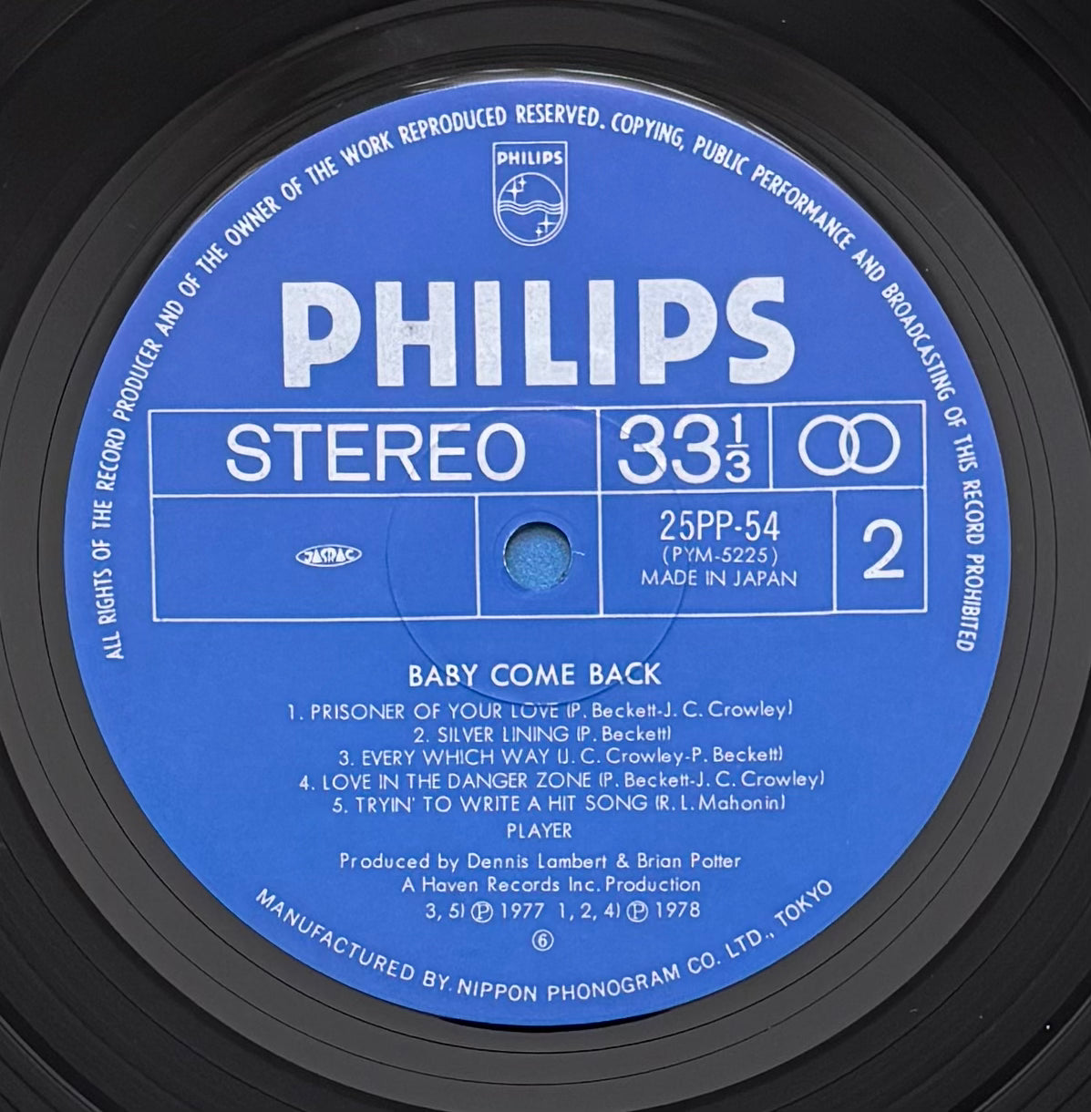 Player "Baby Come Back" (1982) Japanese Press